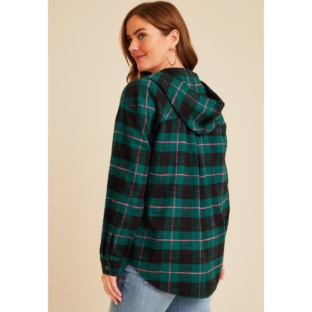 MAURICES Green Plaid Hooded Flannel Top - Picture 1 of 5